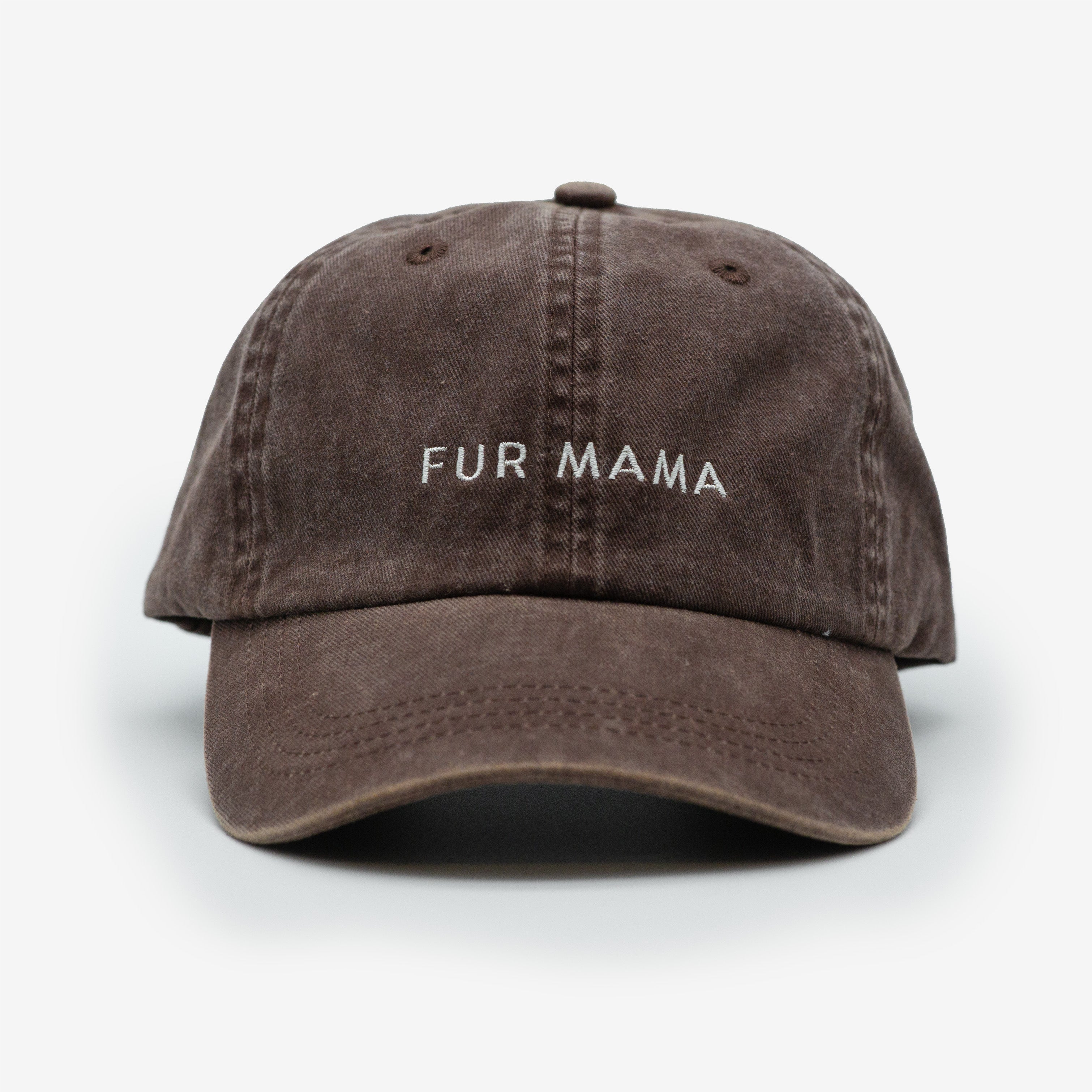 A brown denim cap with the text 'FUR MAMA' embroidered on the front.