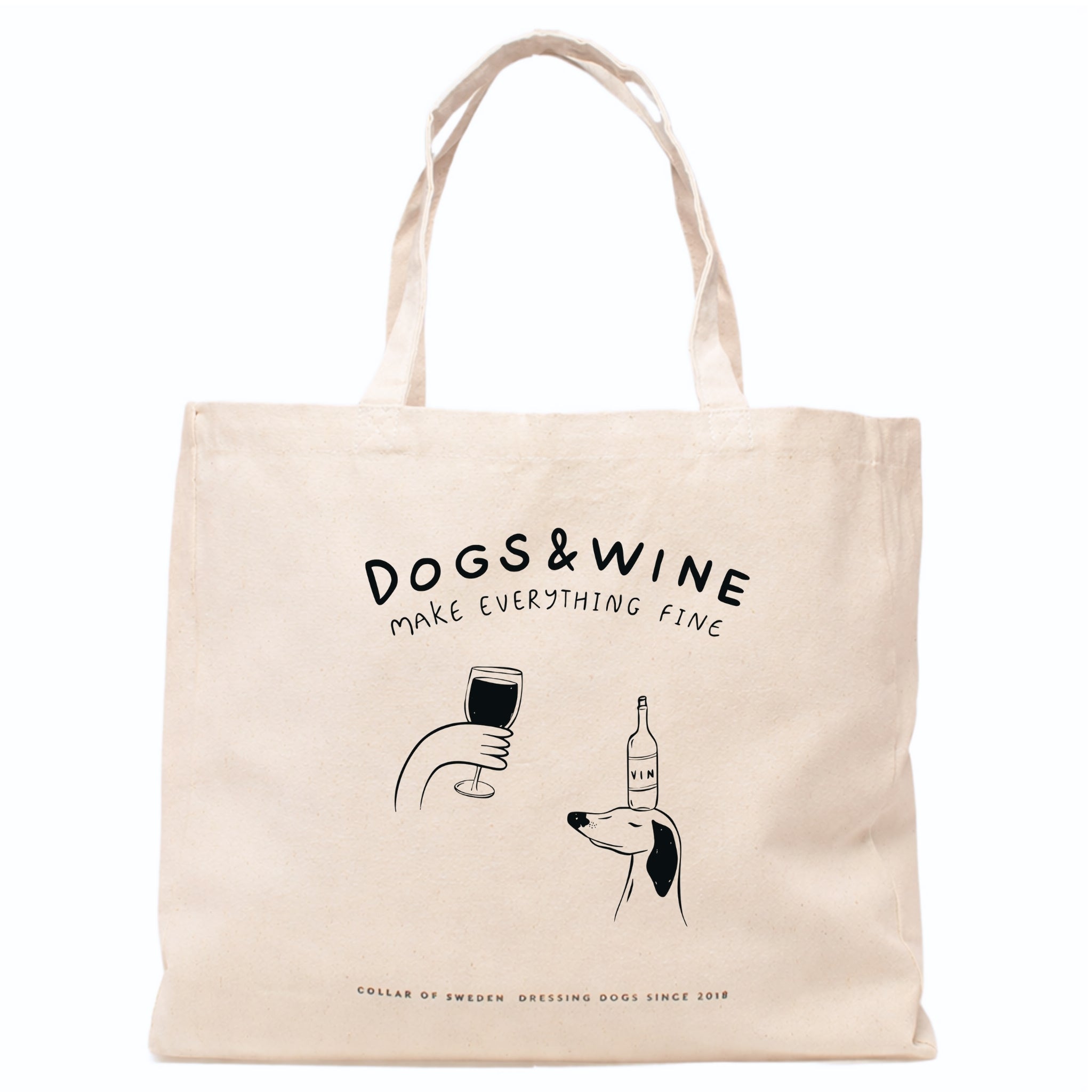 Beige tote bag with 'DOGS & WINE MAKE EVERYTHING FINE' text and graphics on a white background